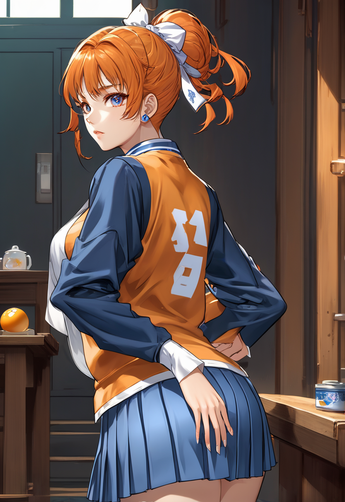 Beautiful woman Double meatball head orange hair Wearing sch... by 陳筱欣 ...