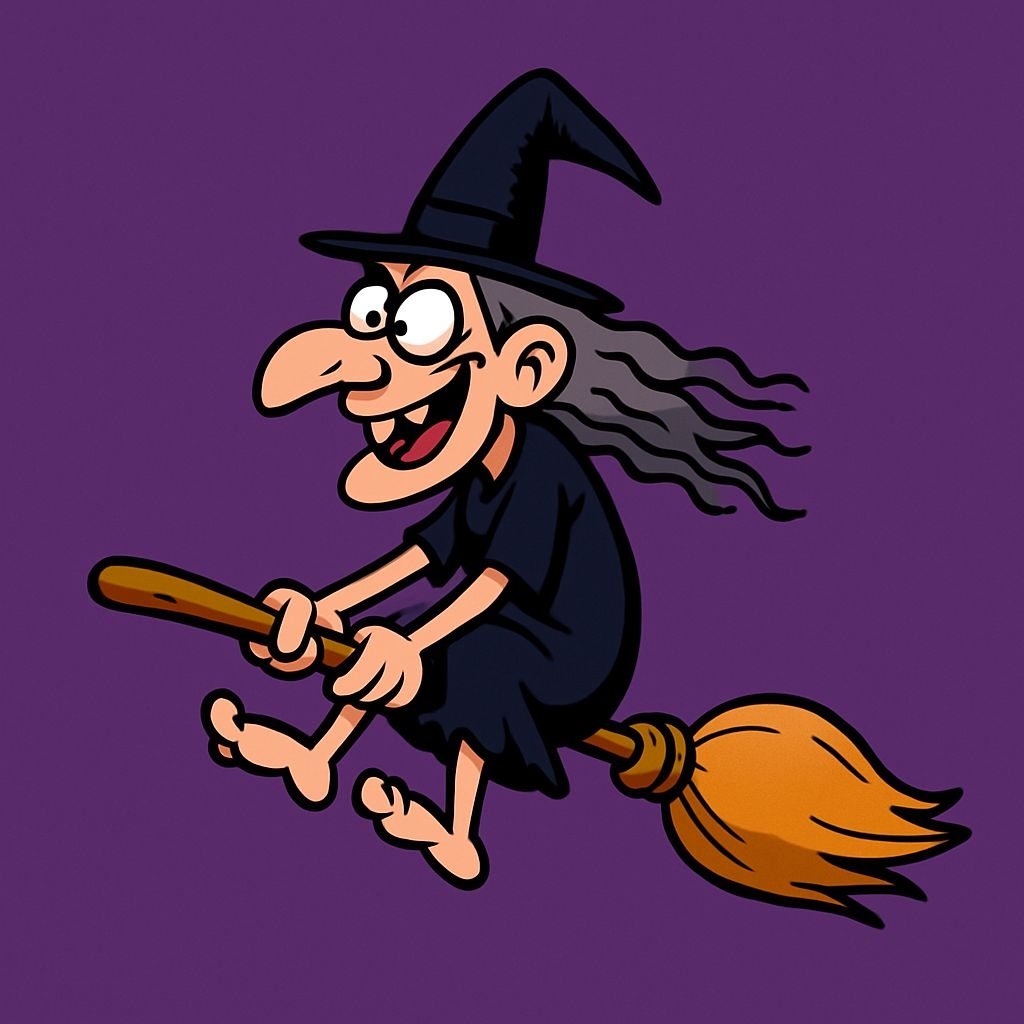 Whimsical Cartoon Witch Flying on Broomstick Illustration Art