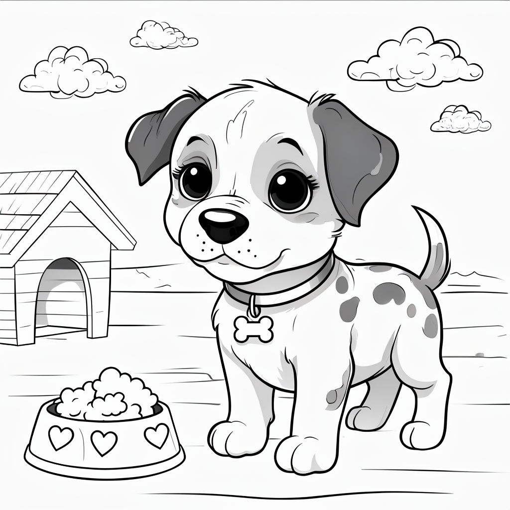 Adorable Cartoon Puppy with Dog Bowl and Doghouse Art