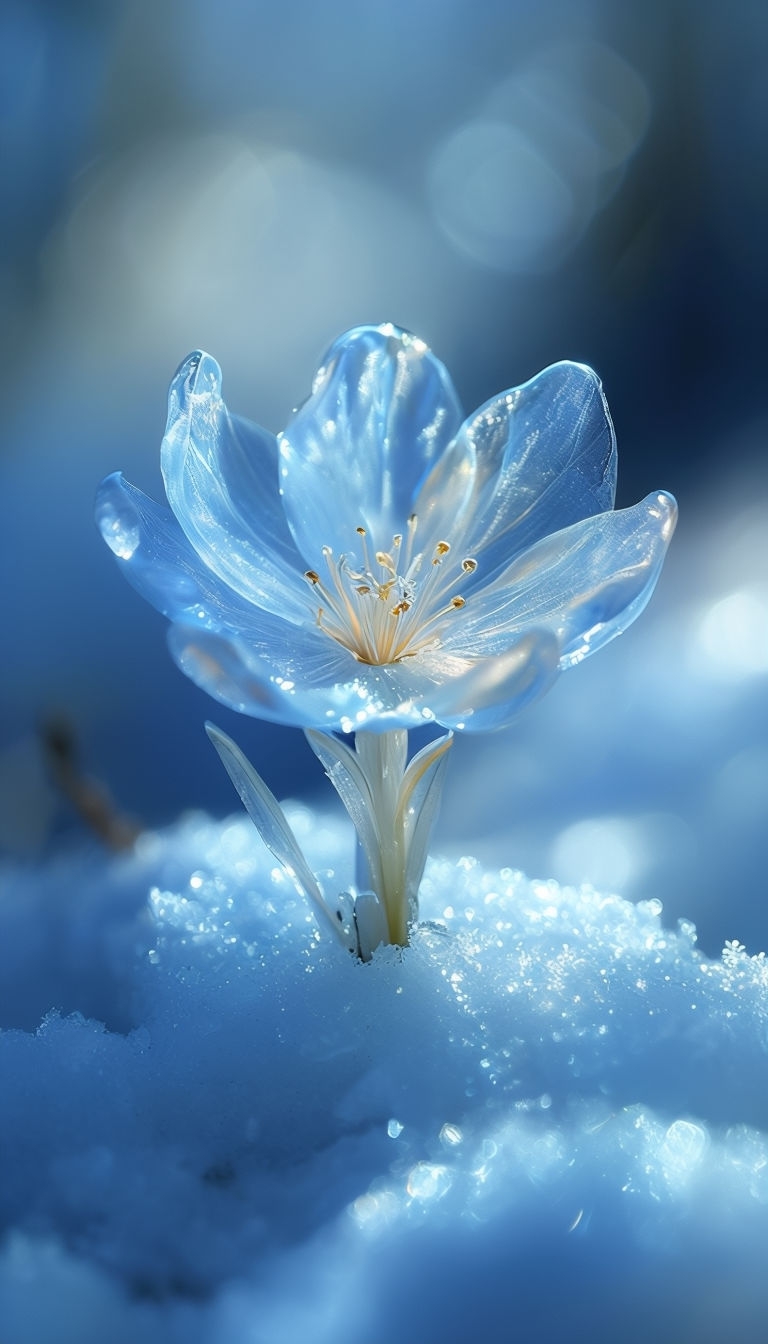 Translucent Ice Flower Blooming in Snowy Winter Landscape Mobile Wallpaper
