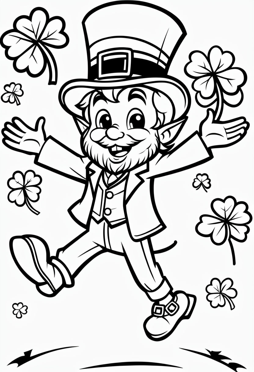 Cheerful Leprechaun Coloring Page with Shamrocks for Kids Coloring Book Pages