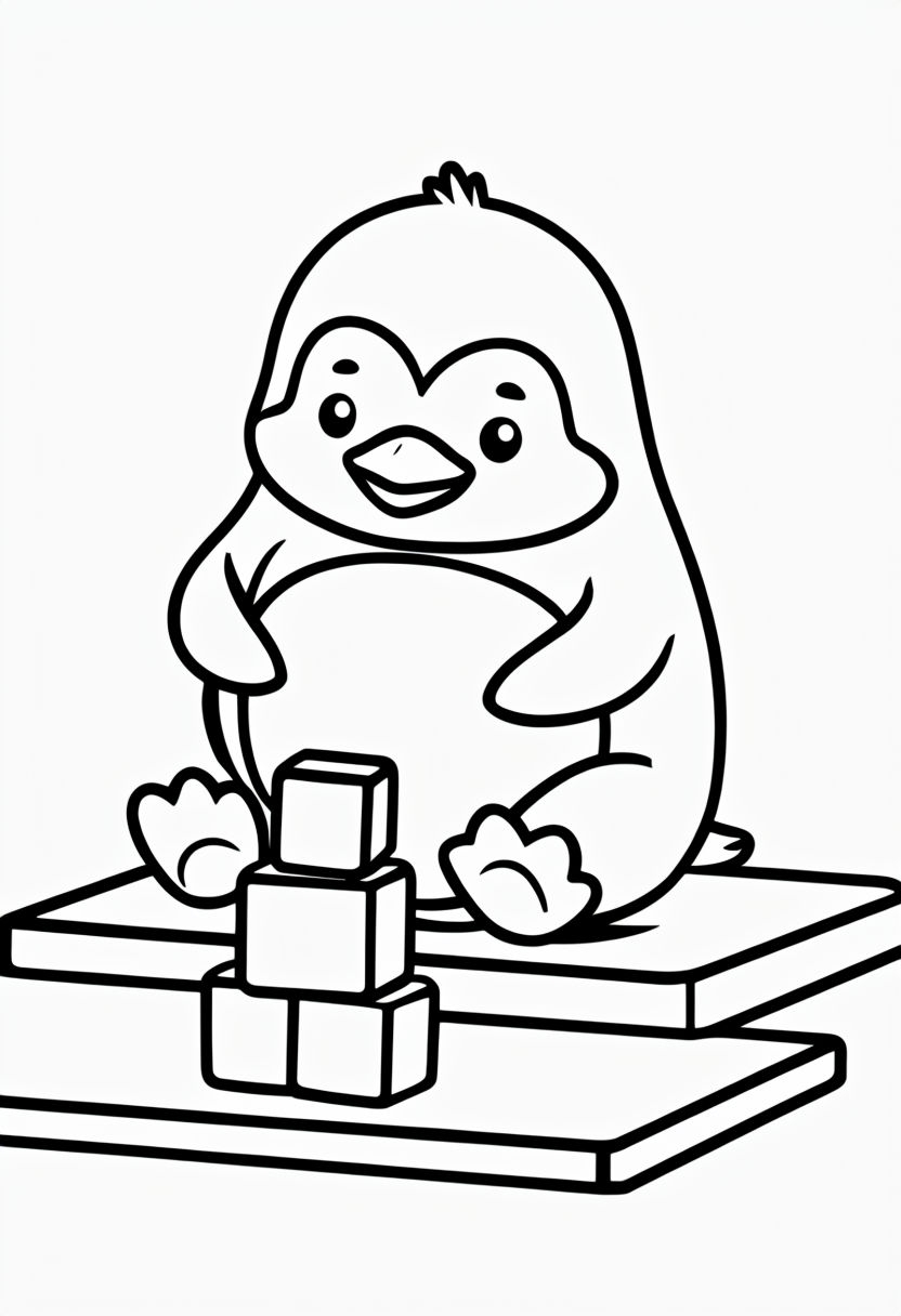 Adorable Cartoon Penguin Stacking Blocks for Coloring Book Pages