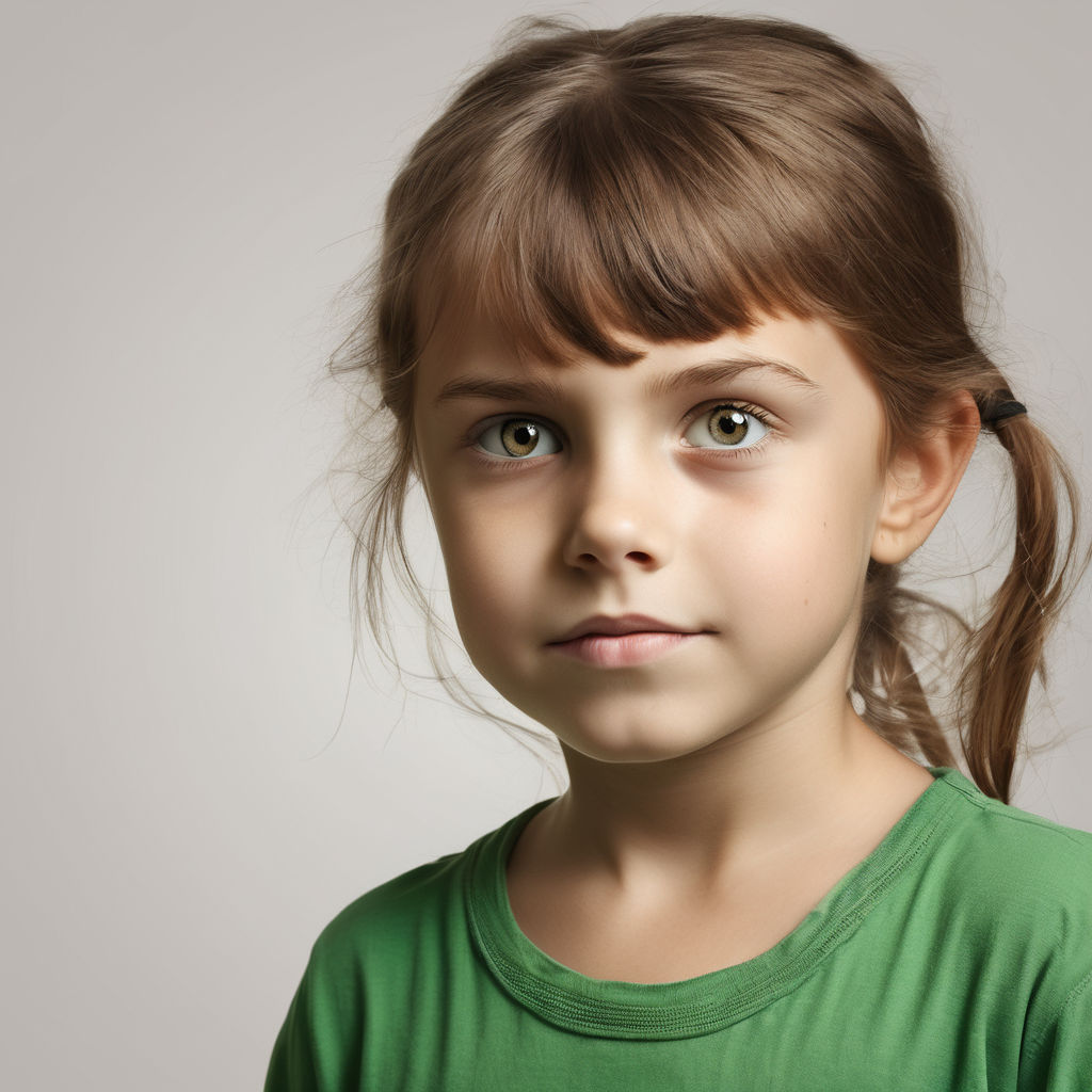 Create a picture of a 7-year-old girl with green eyes and br... by ...