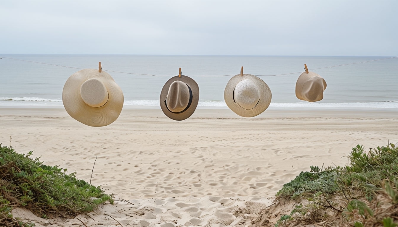 Serene Beach Scene with Hanging Straw Hats Virtual Background