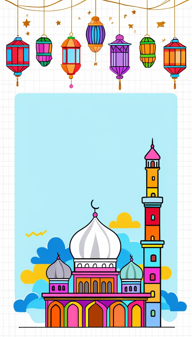 Vibrant Lanterns and Whimsical Mosque Celebration Illustration Social Media Post