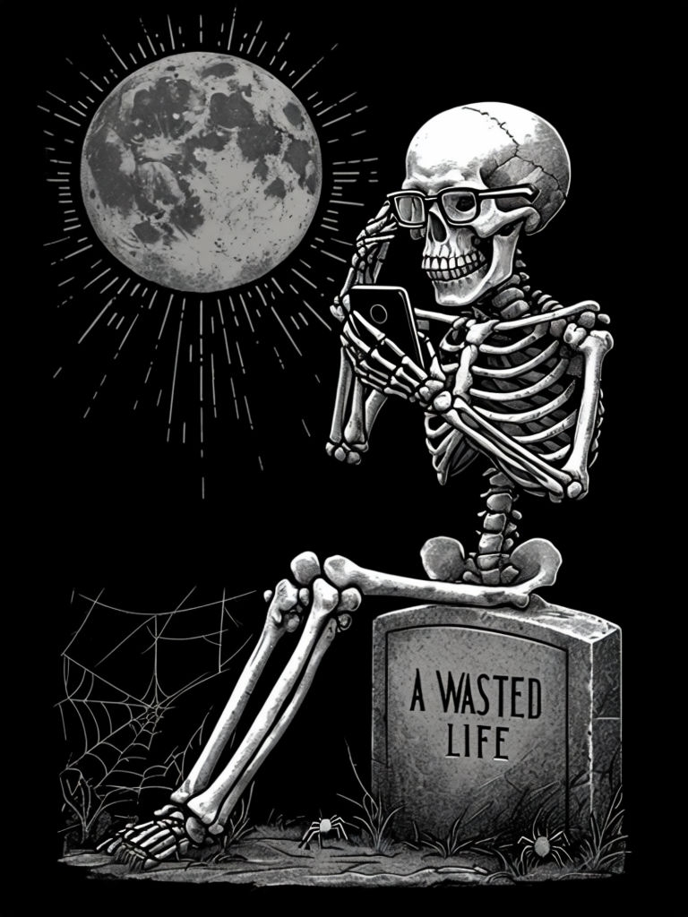 Humorous Skeleton with Smartphone on Gravestone Illustration Poster