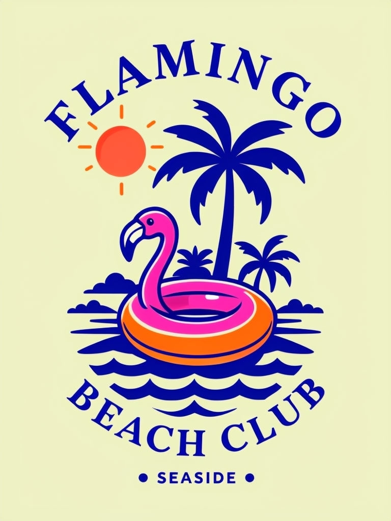 Vibrant Flamingo Beach Club Logo Design T-Shirt