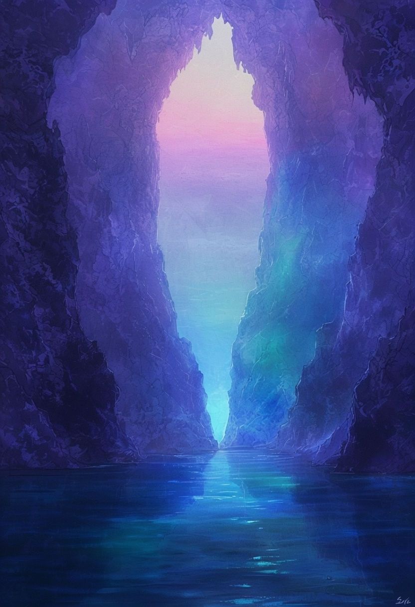 Serene Mystic Cave with Luminous Exit Digital Art Poster