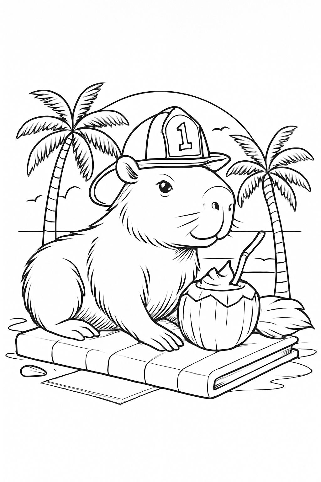 Whimsical Guinea Pig Relaxing on Beach Scene Coloring Page