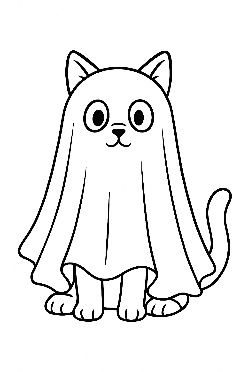 Playful Cartoon Cat in Ghost Costume Illustration Coloring Book Pages