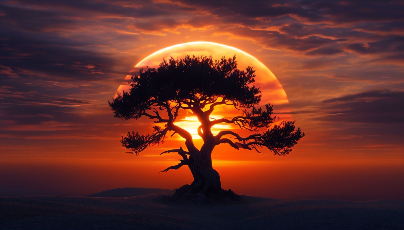 Ancient Gnarled Tree Against Dramatic Twilight Sky Virtual Background