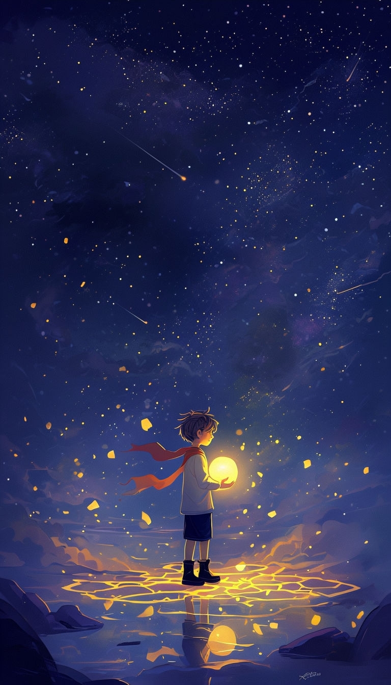 Surreal Nocturnal Landscape with Illuminated Boy Mobile Wallpaper