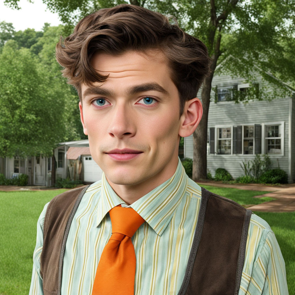 a tall man in his 30s with blue eyes and curly dark hair is standing in a  park