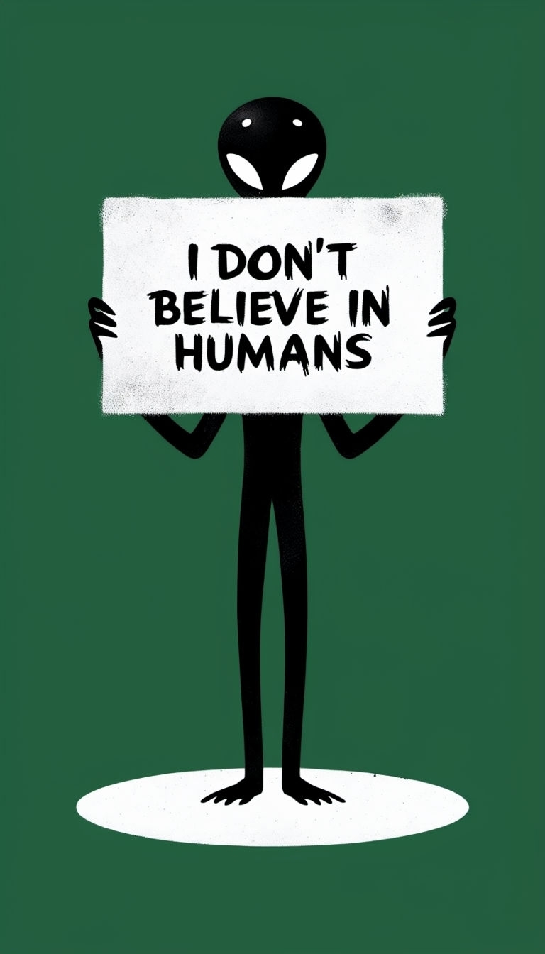 Eerie Black Alien Holding 'I Don't Believe in Humans' Sign Mobile Wallpaper