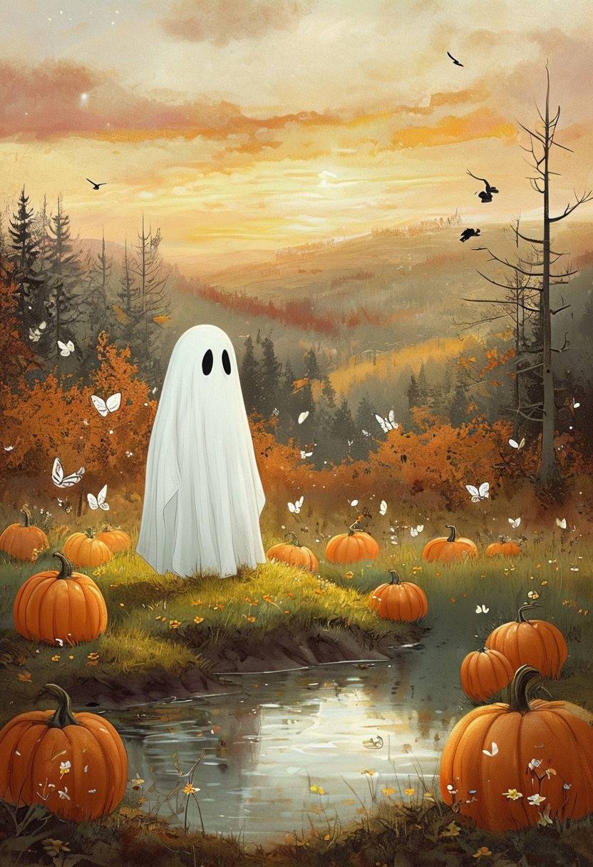 Whimsical Autumn Ghost Scene with Pumpkins and Reflective Pond Art