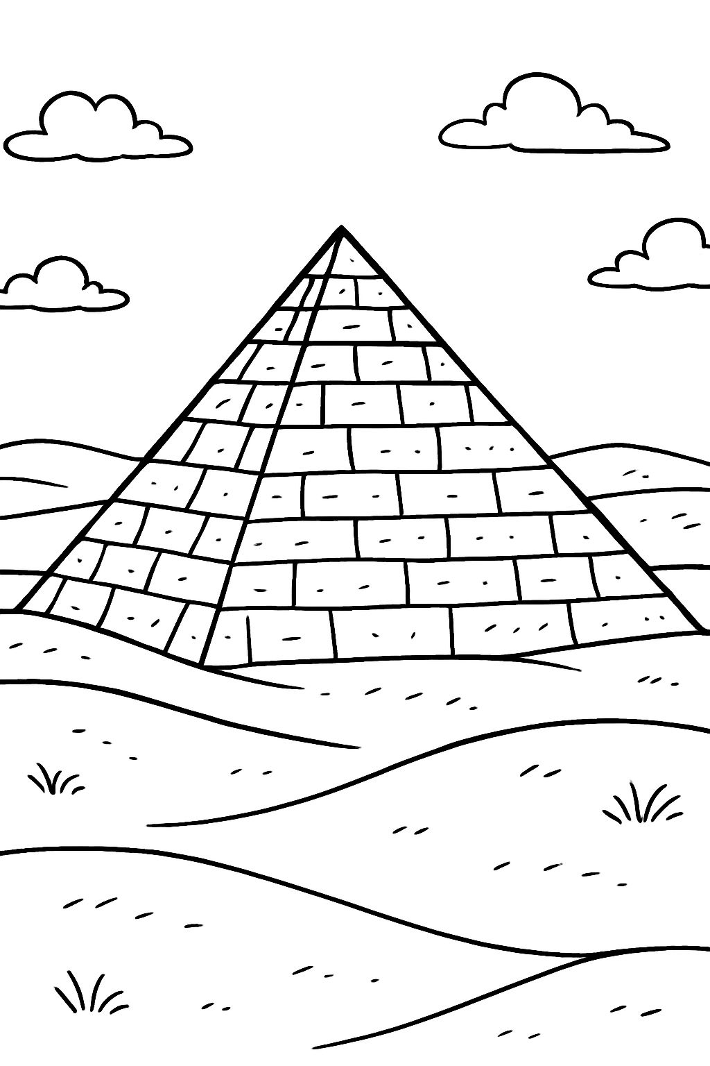 Cartoon Pyramid in Desert Landscape Line Drawing Coloring Book Pages