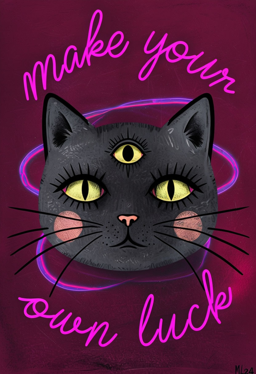 Mystical Cat Face with Neon Lines and Whimsical Text Poster