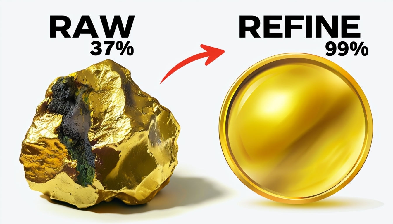 RAW to REFINE Gold Transformation Graphic for Social Media Post