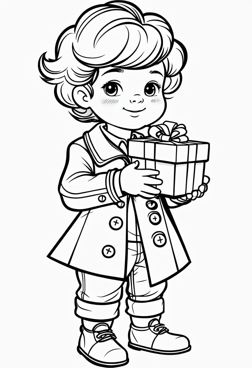 Cheerful Cartoon Child Holding Gift Box Coloring Page