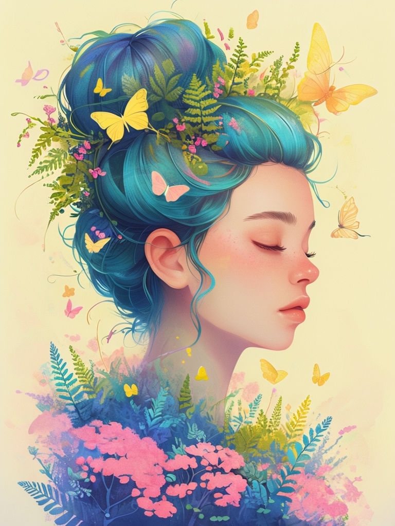 Serene Nature-Inspired Young Woman with Butterflies Art