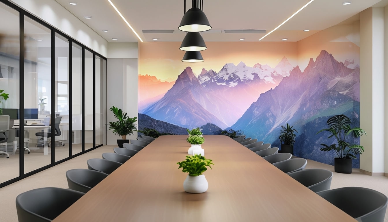 Modern Conference Room Interior Design with Mountain Mural Art