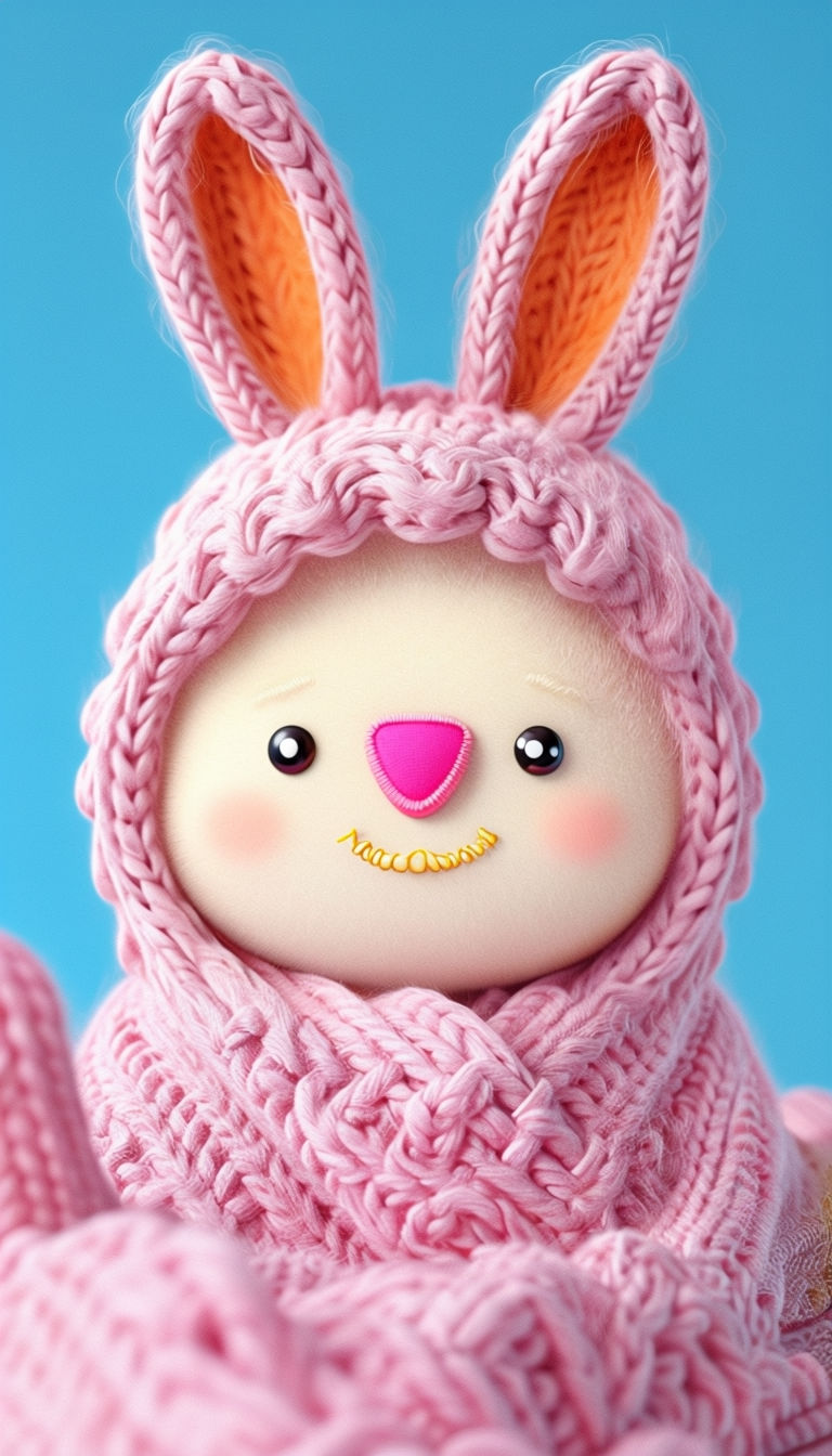 Cute Bunny Ears Character in Pink Knitted Blanket Illustration Art