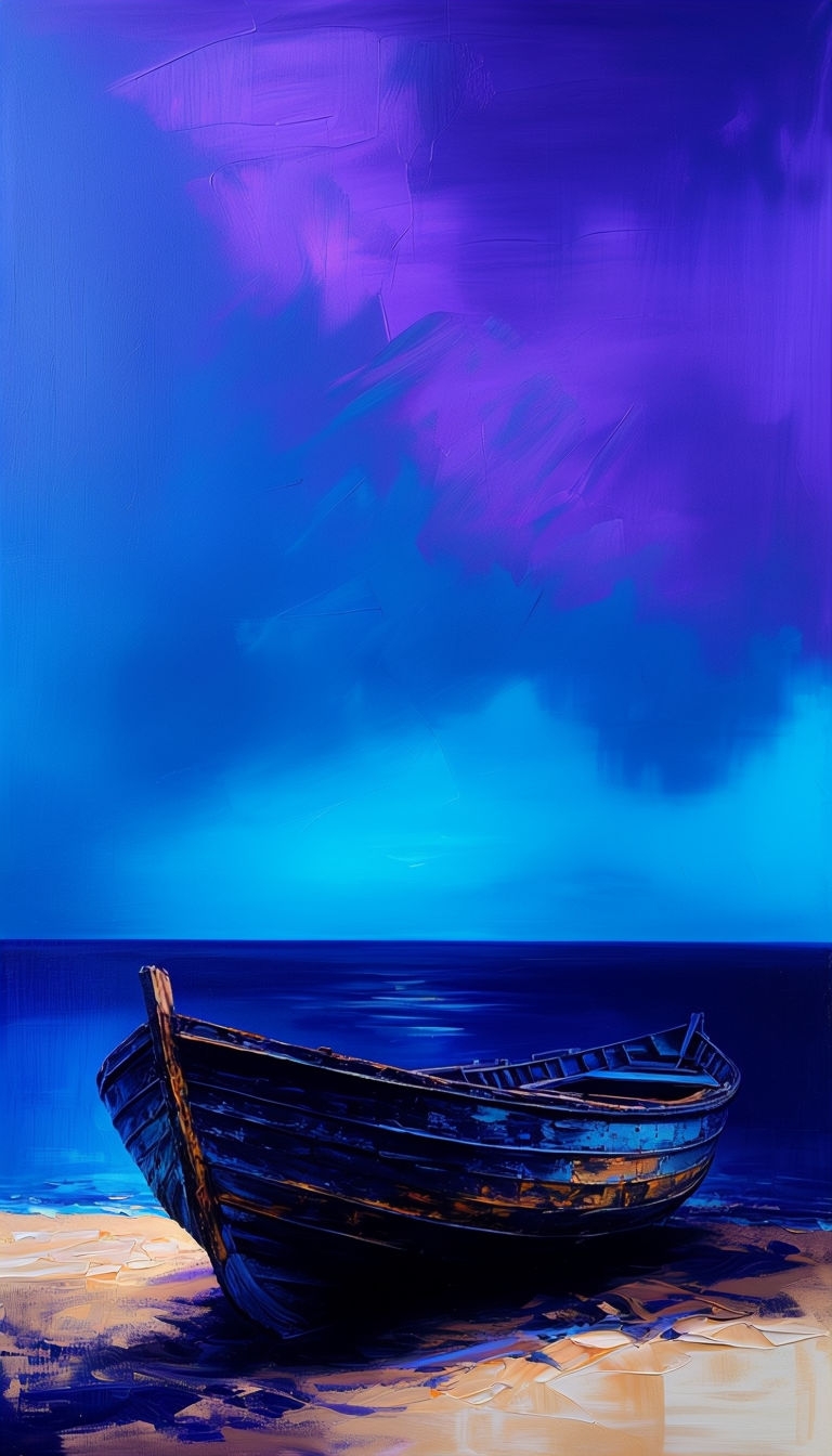 Dramatic Solitary Boat Shoreline Painting at Dawn Mobile Wallpaper