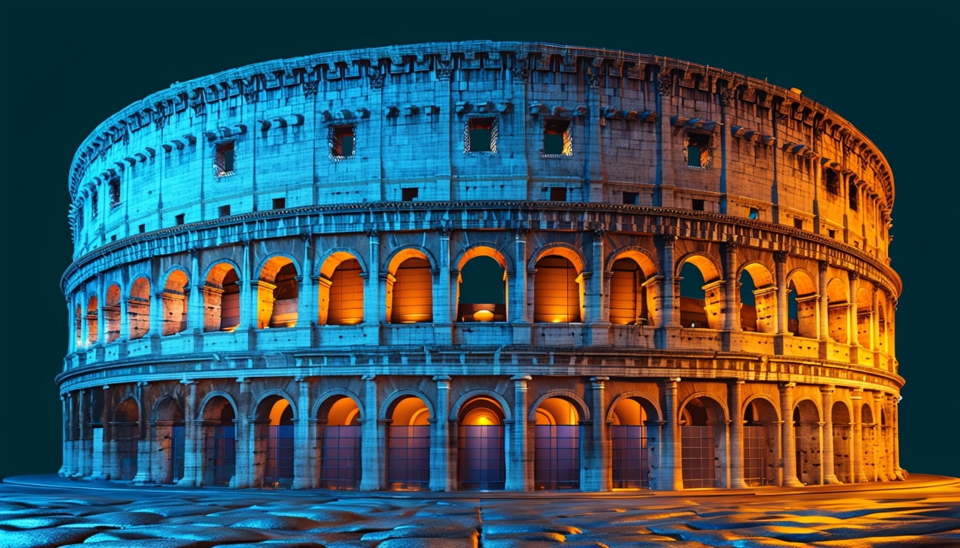 Illuminated Colosseum Digital Art with Dramatic Lighting Backgrounds