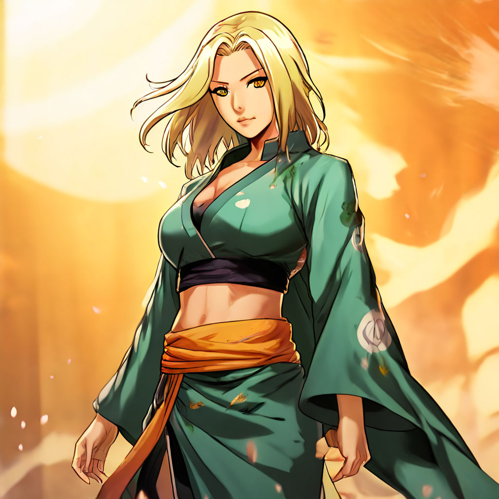 Tsunade from anime Naruto touches his chest