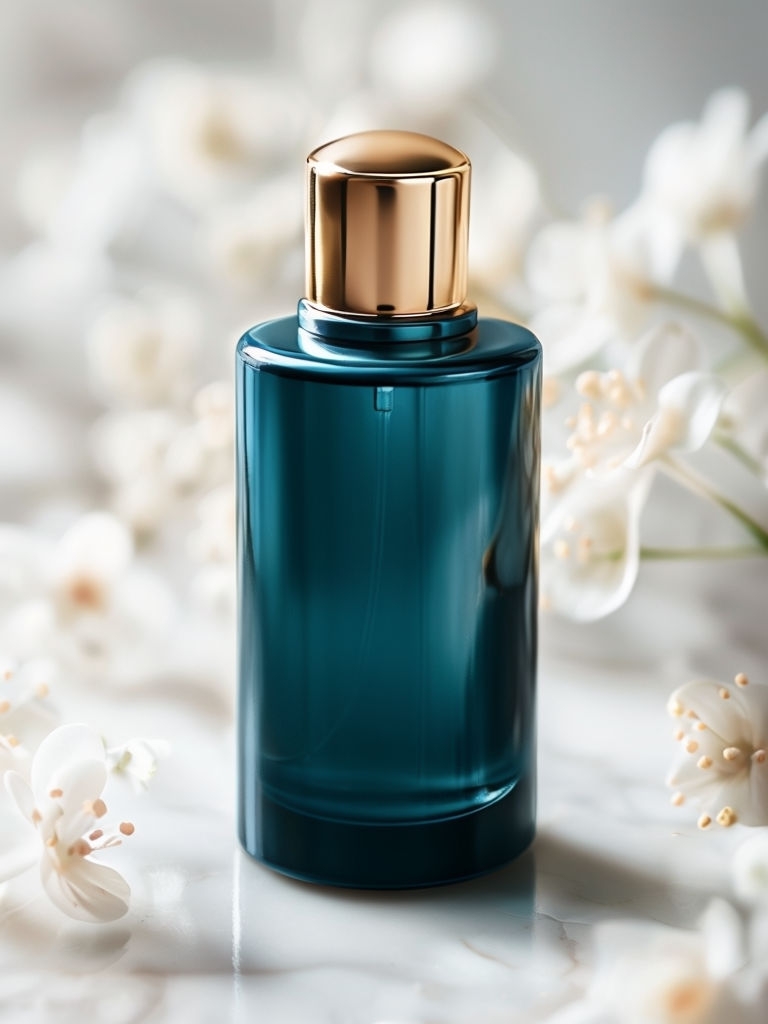 Elegant Teal Perfume Bottle Mockup with Floral Accents