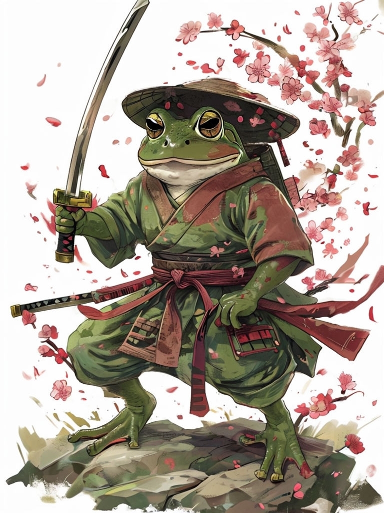 Fierce Samurai Frog with Katana and Cherry Blossoms Art