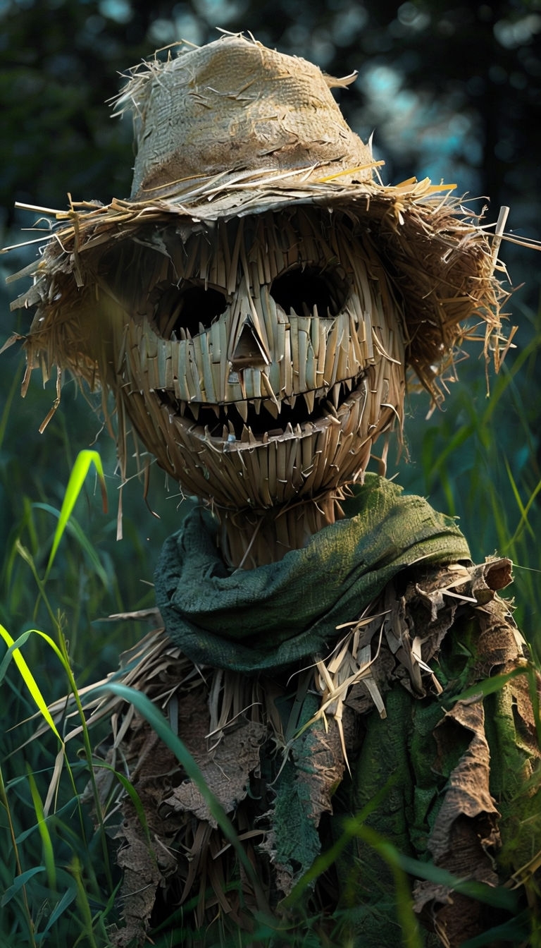 Eerie Scarecrow Digital Artwork with Dark Forest Background Mobile Wallpaper