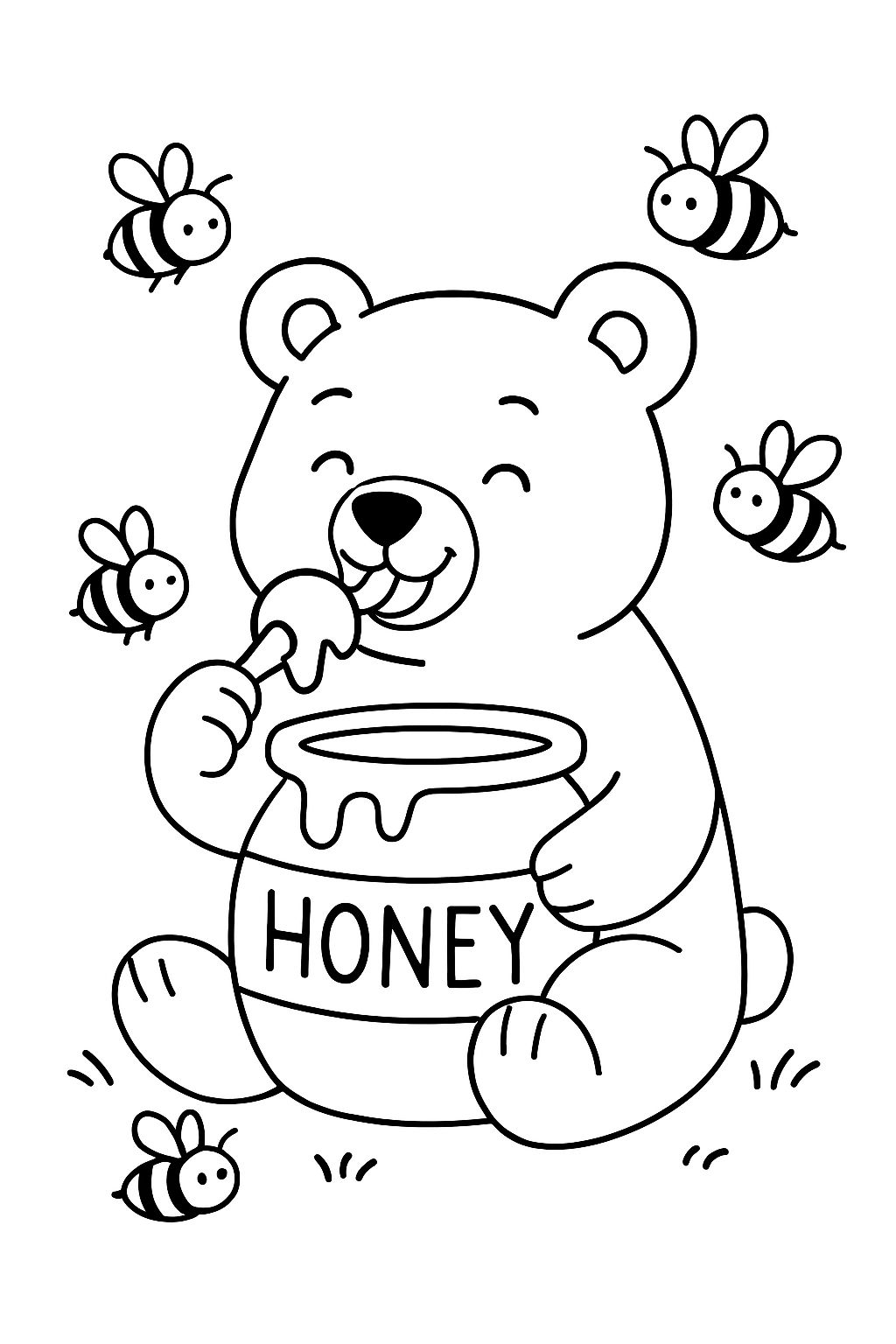 Cute Cartoon Bear with Honey Jar and Bees Coloring Book Page