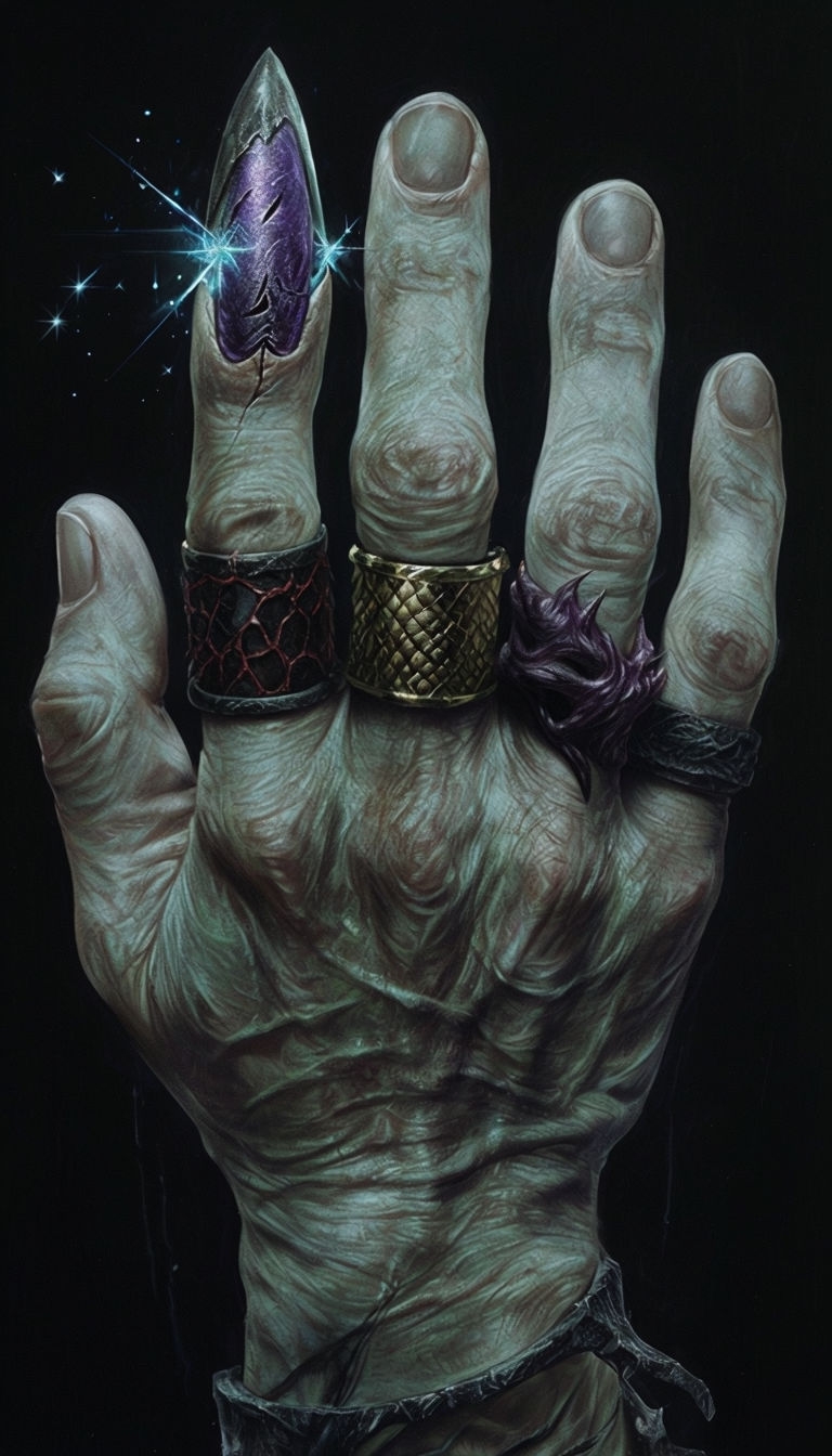 Eerie Aged Hand with Intricate Rings Dark Fantasy Art