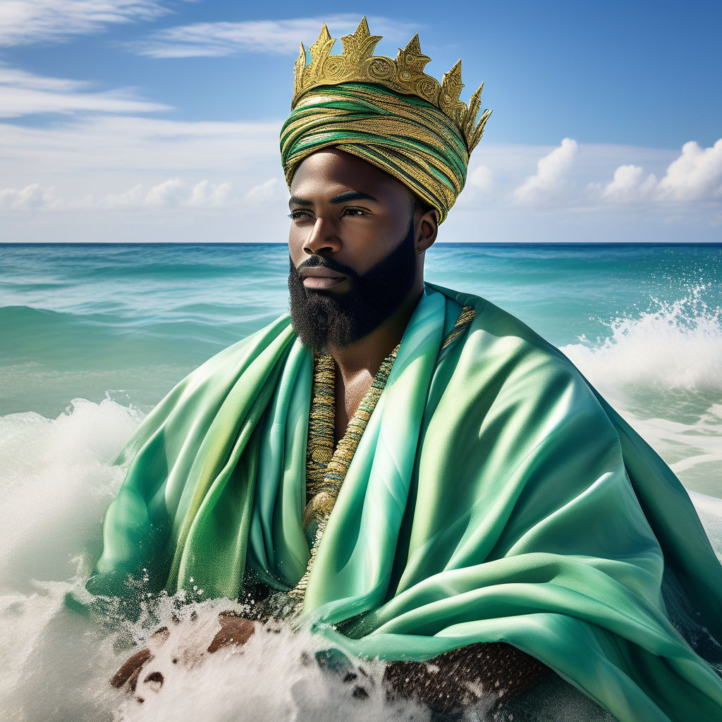 Create an image that depicts a Haitian sea king male. person... by ...