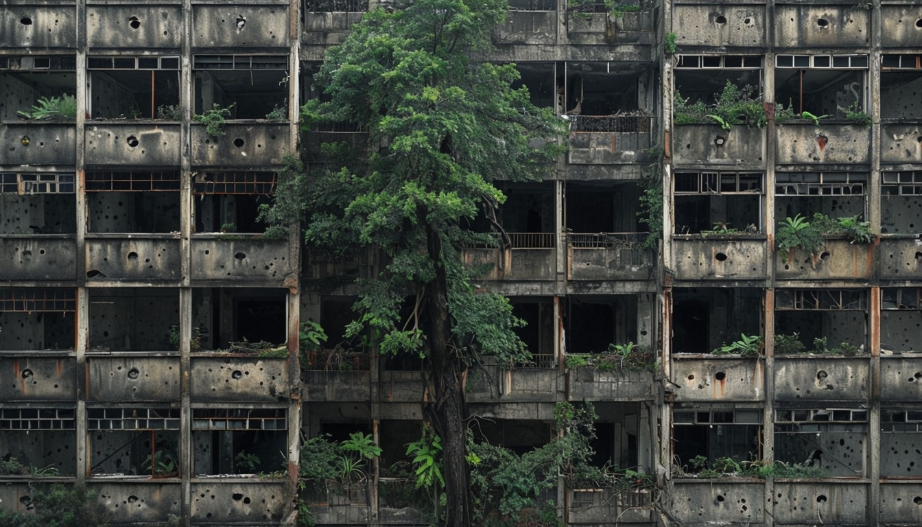 Urban Decay and Nature Contrast with Central Tree Virtual Background