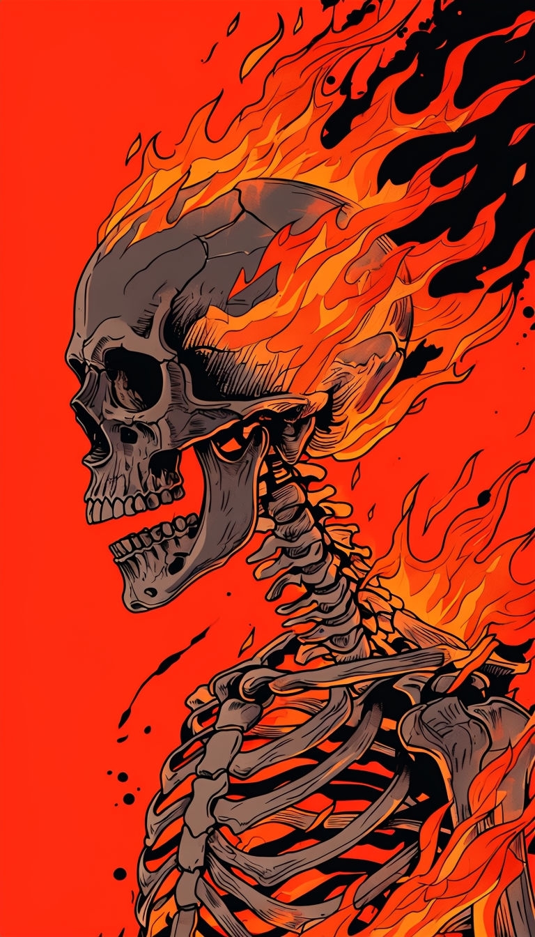 Flaming Skeleton Illustration with Intense Comic Style Mobile Wallpaper