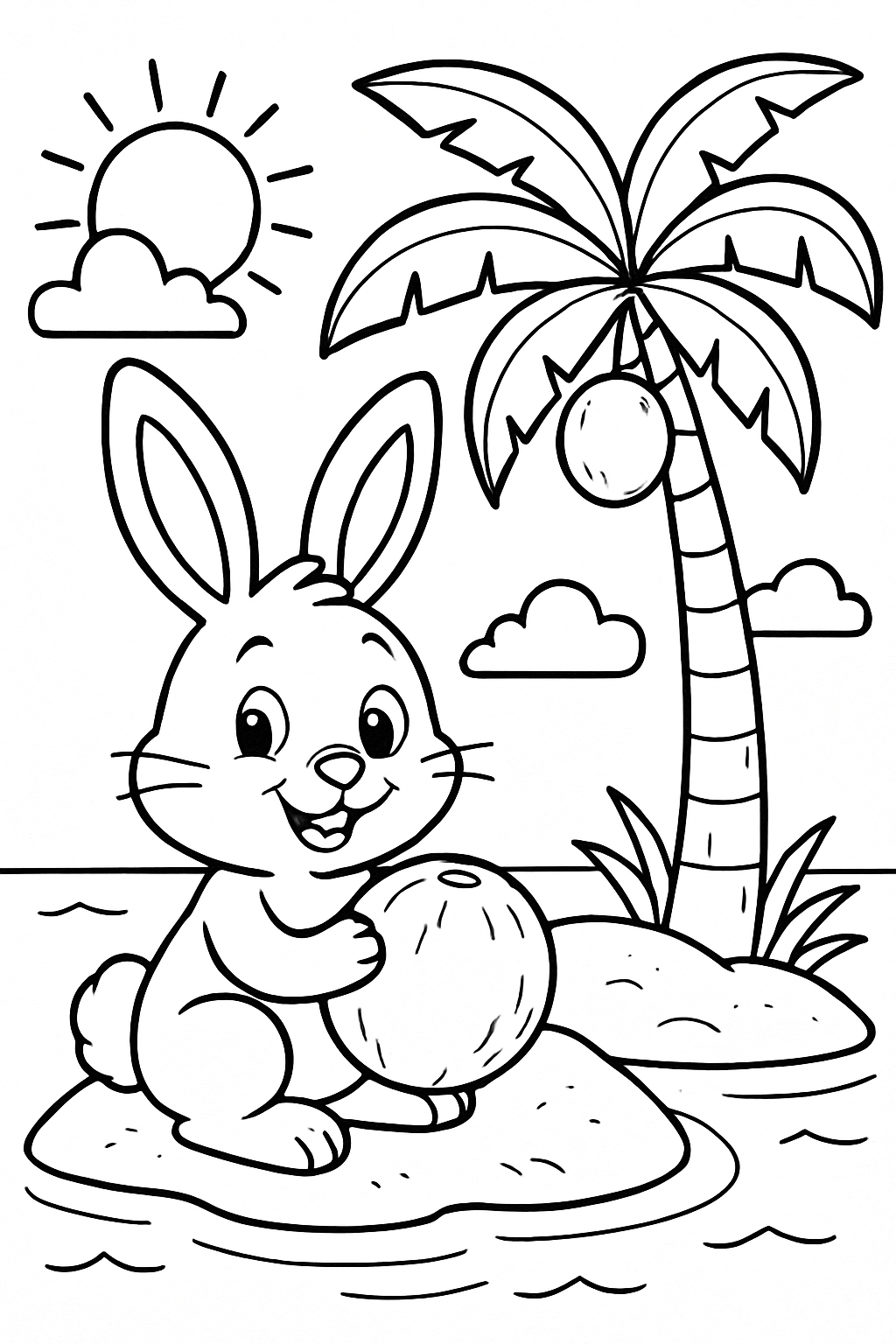 Cheerful Cartoon Rabbit on Tropical Island Coloring Page