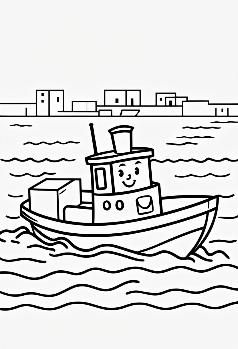 Smiling Tugboat Character with Cargo Box Coloring Page