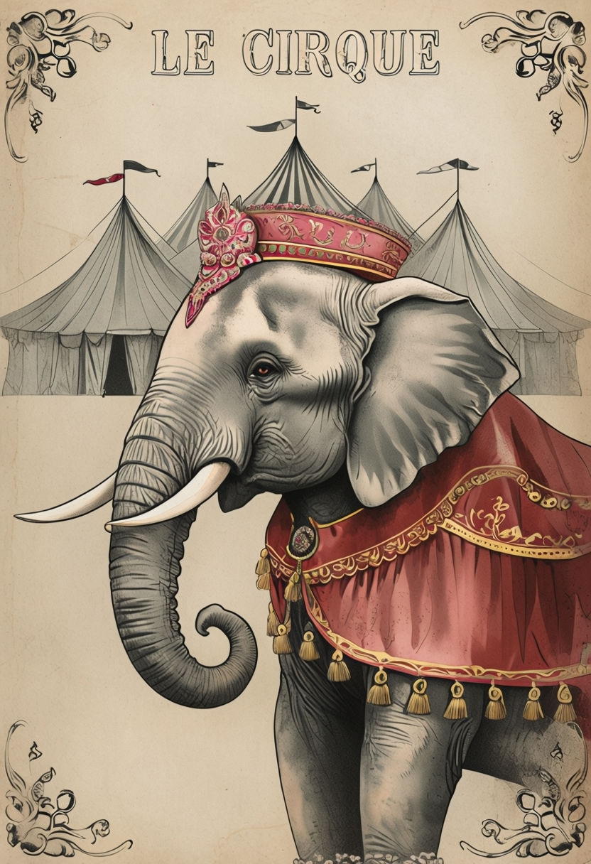 Vintage Circus Elephant Illustration with Ornate Cape Art