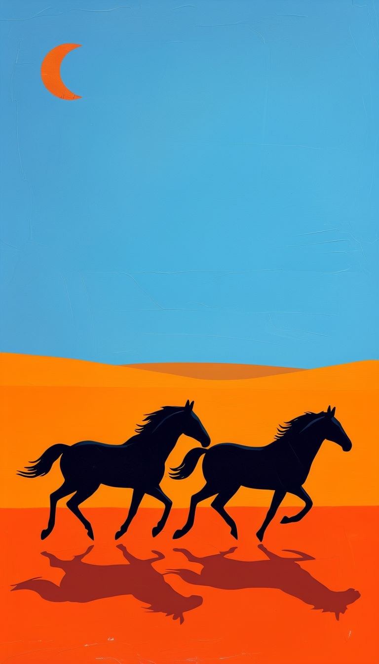 Dynamic Black Horses in Mid-Gallop Against Vibrant Sunset Mobile Wallpaper