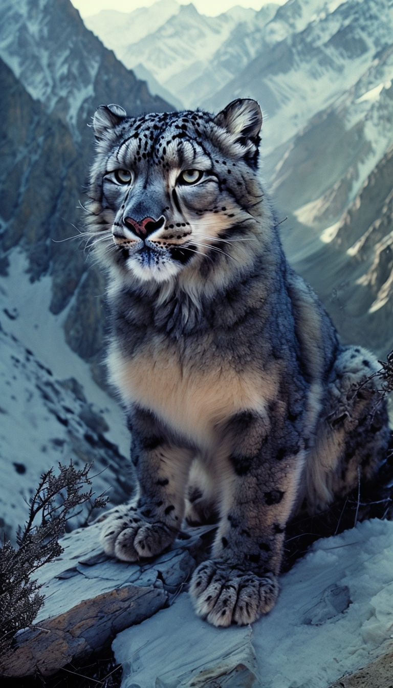 Majestic Snow Leopard in Rugged Mountain Landscape Film Photography Art