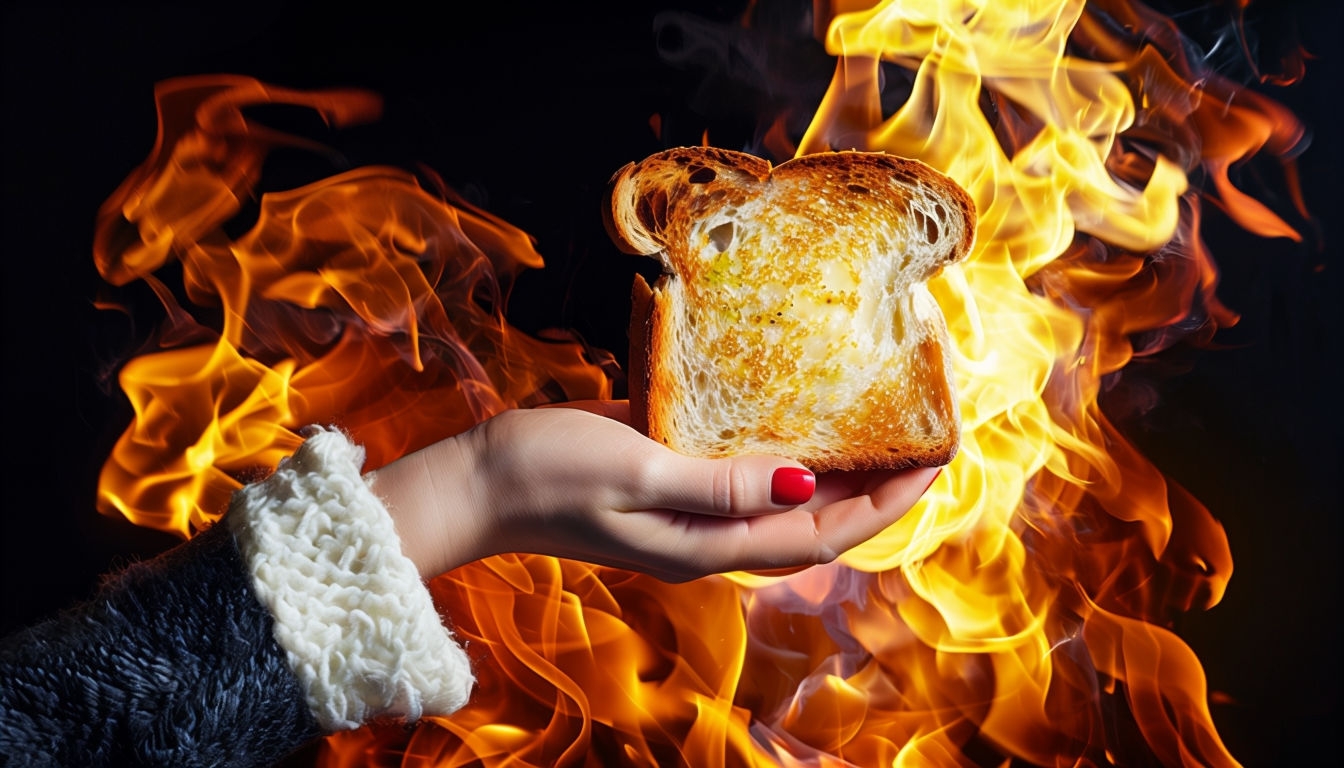 Dramatic Hand Holding Toast with Flames Background Poster