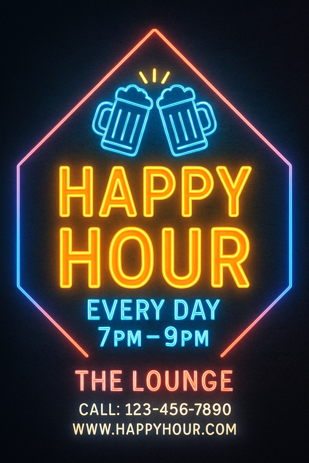 Vibrant Neon Happy Hour Sign Advertisement Flyer