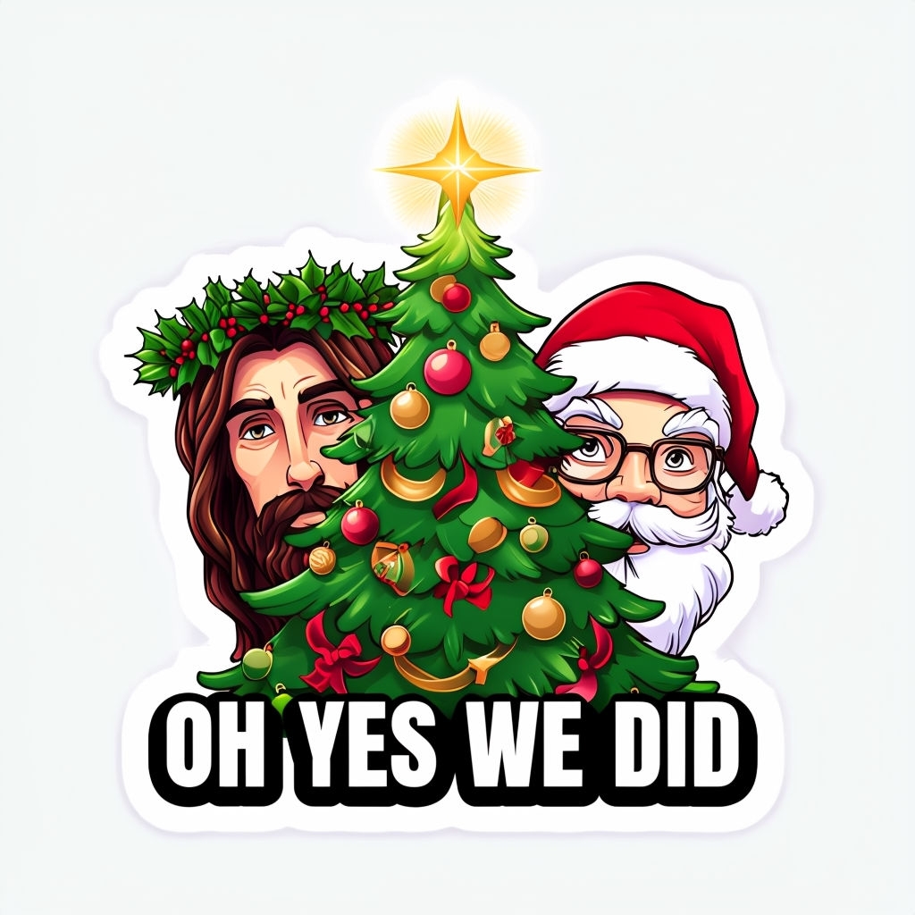 Festive Cartoon Christmas Tree with Jesus and Santa Sticker