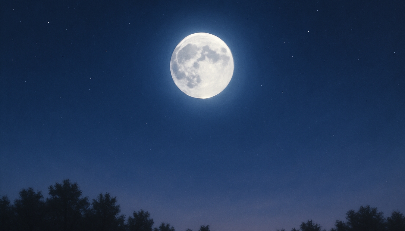 Serene Night Sky with Full Moon and Silhouetted Trees Virtual Backgrounds