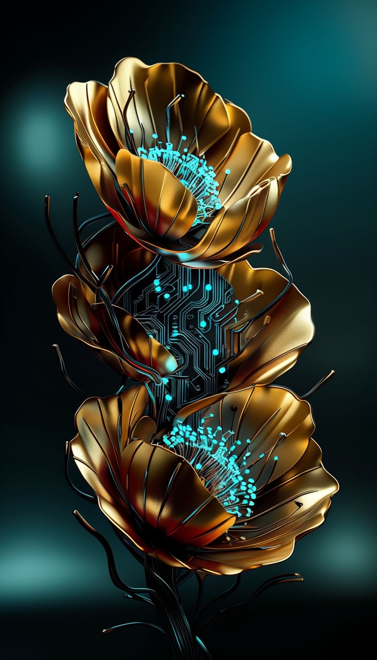 Futuristic Cyberpunk Floral and Circuitry Mobile Wallpaper