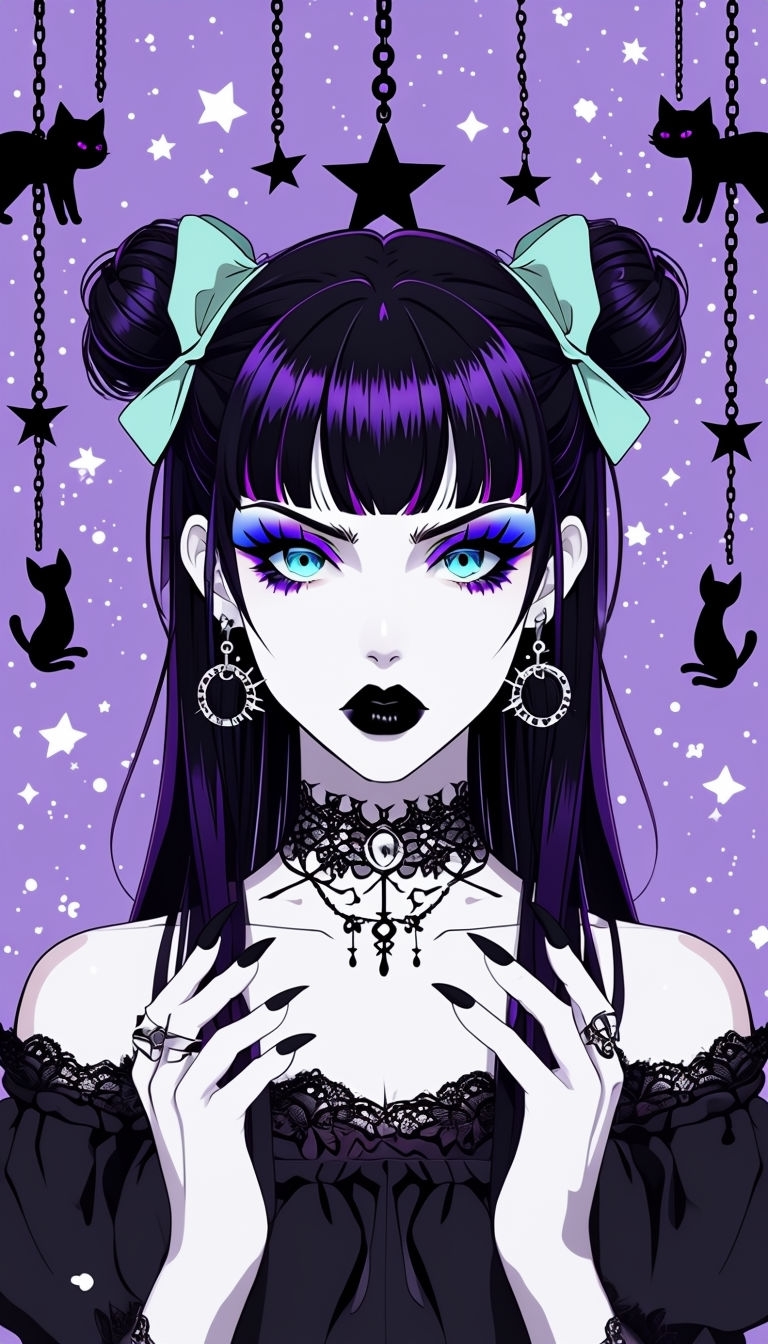 Gothic Anime Character with Cats and Stars Phone Case Cover