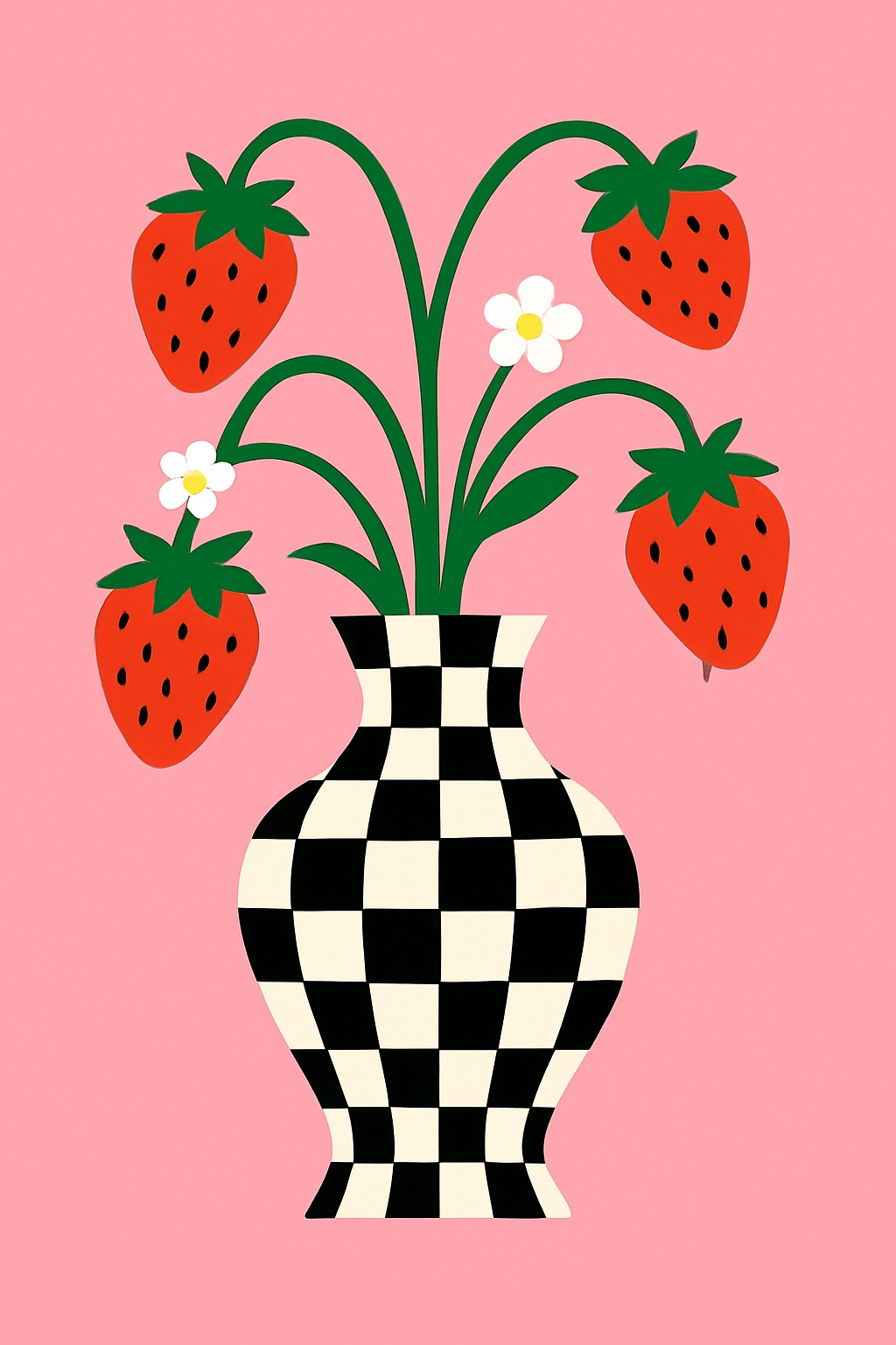 Black and White Checkered Vase with Strawberries and Flowers Poster