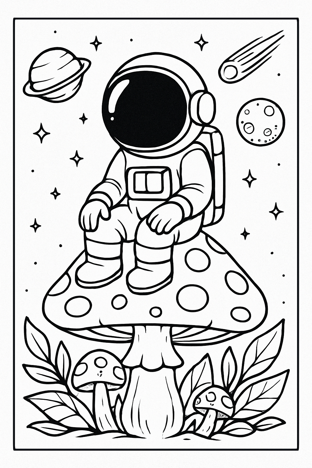 Whimsical Cartoon Astronaut on Mushroom Coloring Book Page